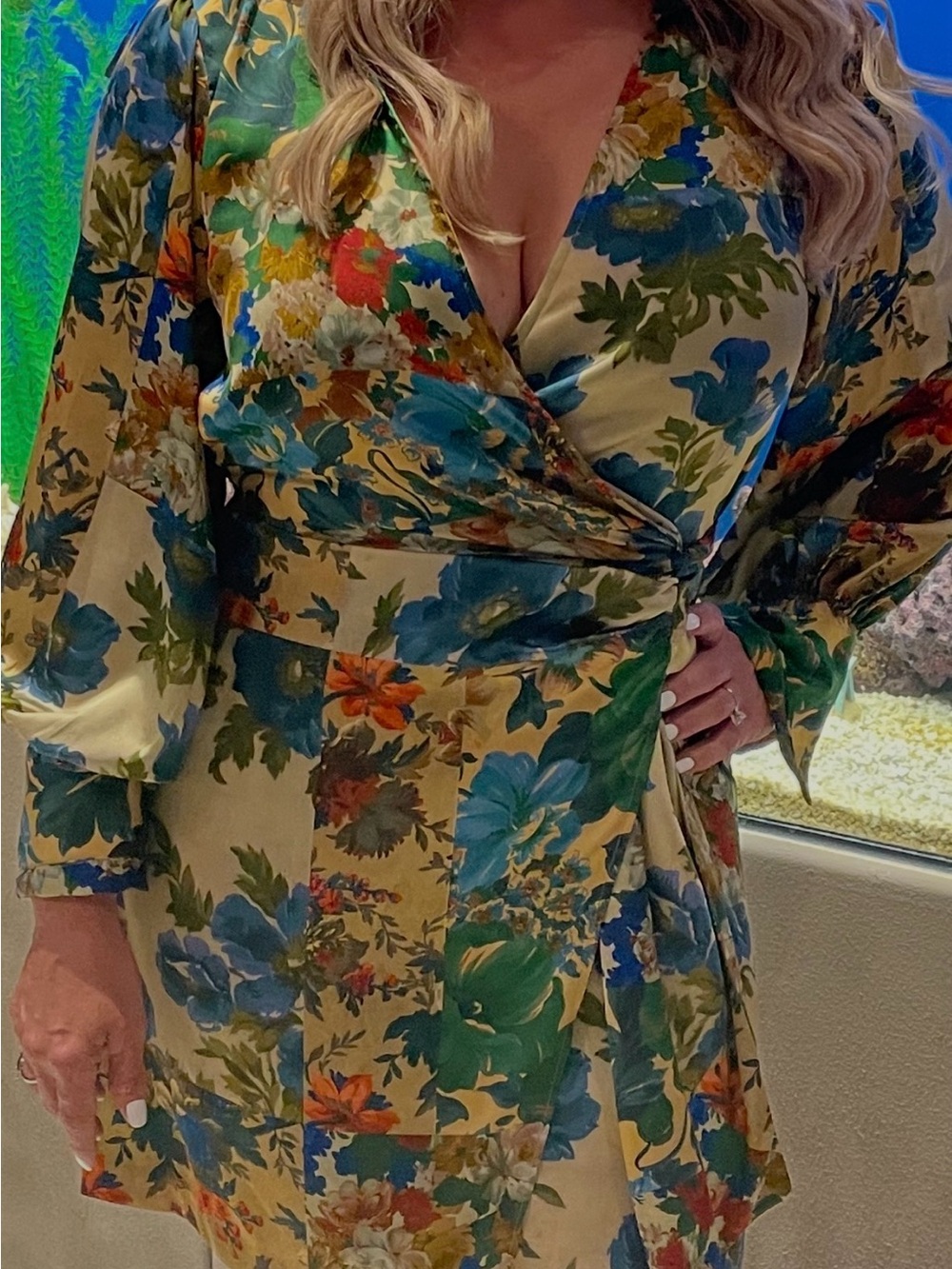 Zara Green and Blue Floral Wrap Dress